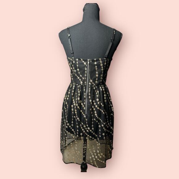 Women's Black Gold Bustier Mini Dress Size 4 Whimsygoth Fairy Grunge Hoco Tulle - Picture 2 of 5